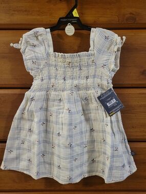 Modern Moments Girls Cream Dress with Blue Plaid and Cherry Accent
